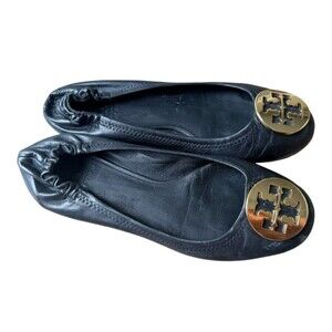 Tory Burch Black Leather Minnie Elastic Scrunch Travel Ballet Flats Women's 7.5M